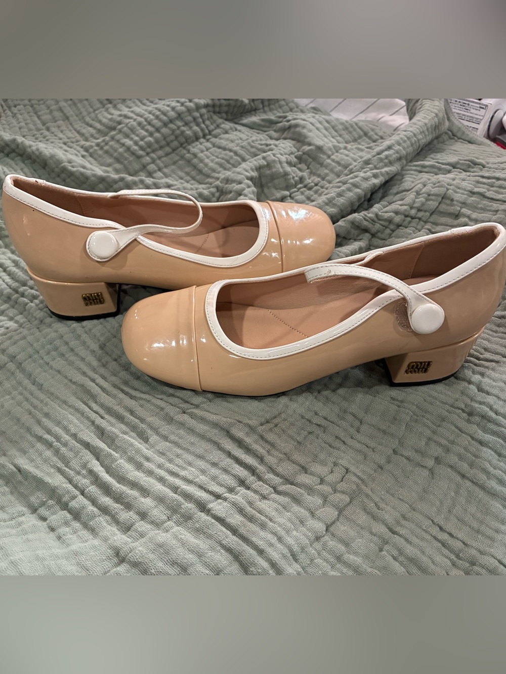 Miu Miu tan/white patent Mary Jane in size 38.